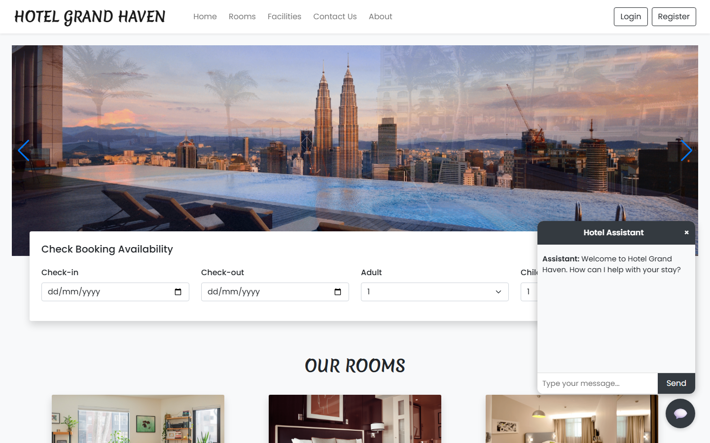 Hotel Grand Haven homepage with its hotel assistant chatbot open