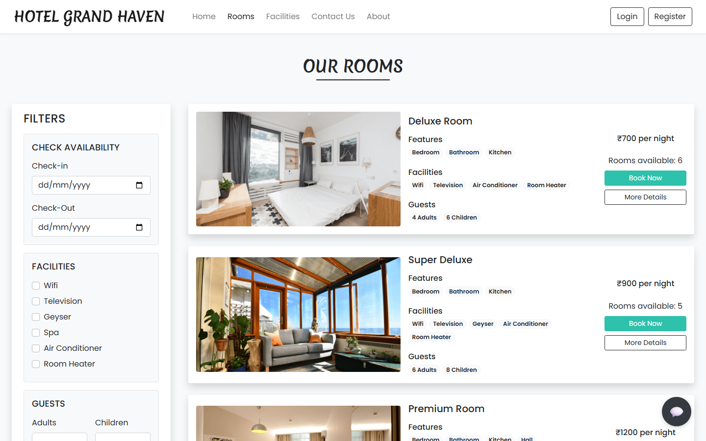 Hotel Grand Haven room catalogue with availability filters