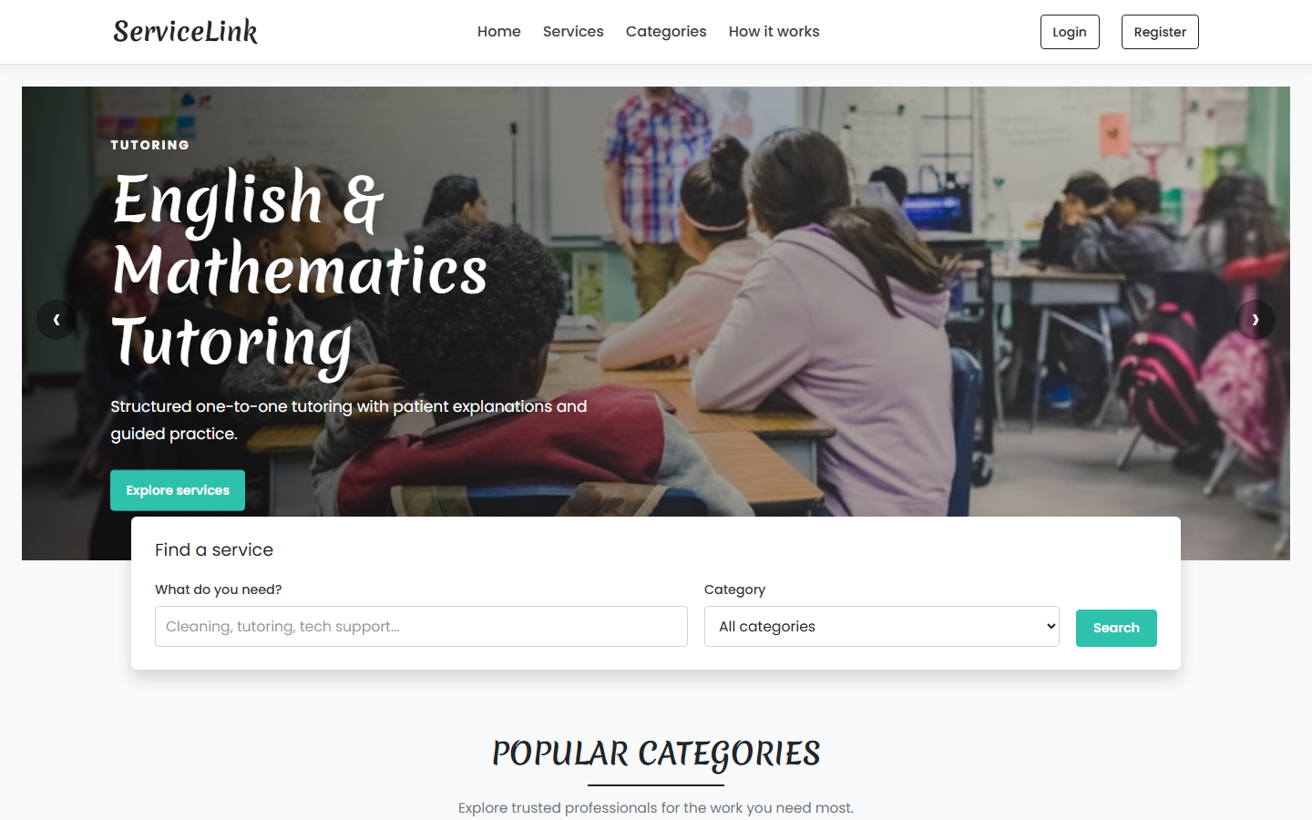 ServiceLink homepage showing service discovery and search